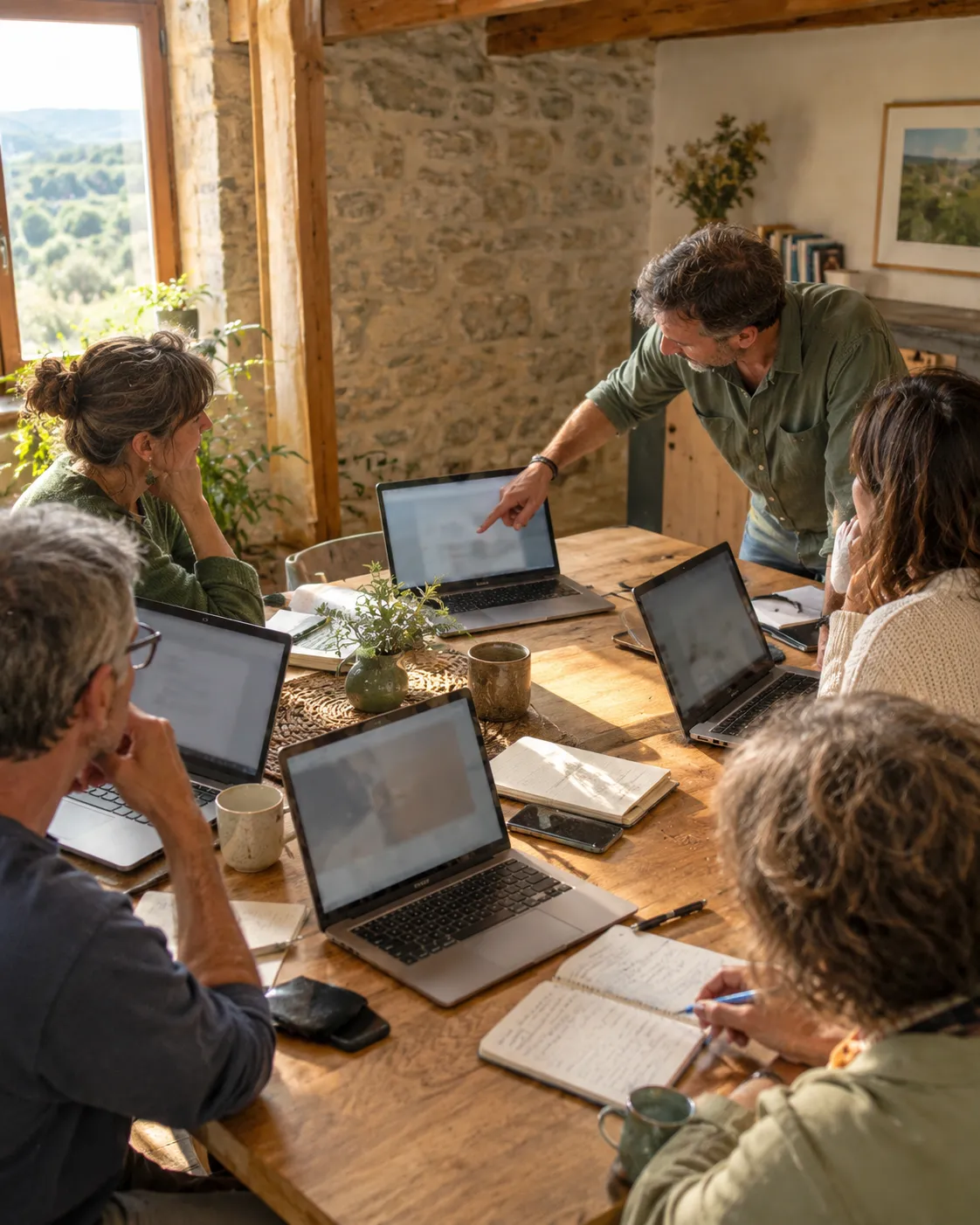 Petit groupe en formation autour d'une table en bois, dans une pièce en pierre avec poutres apparentes, un formateur debout pointant un écran, lumière naturelle de jour