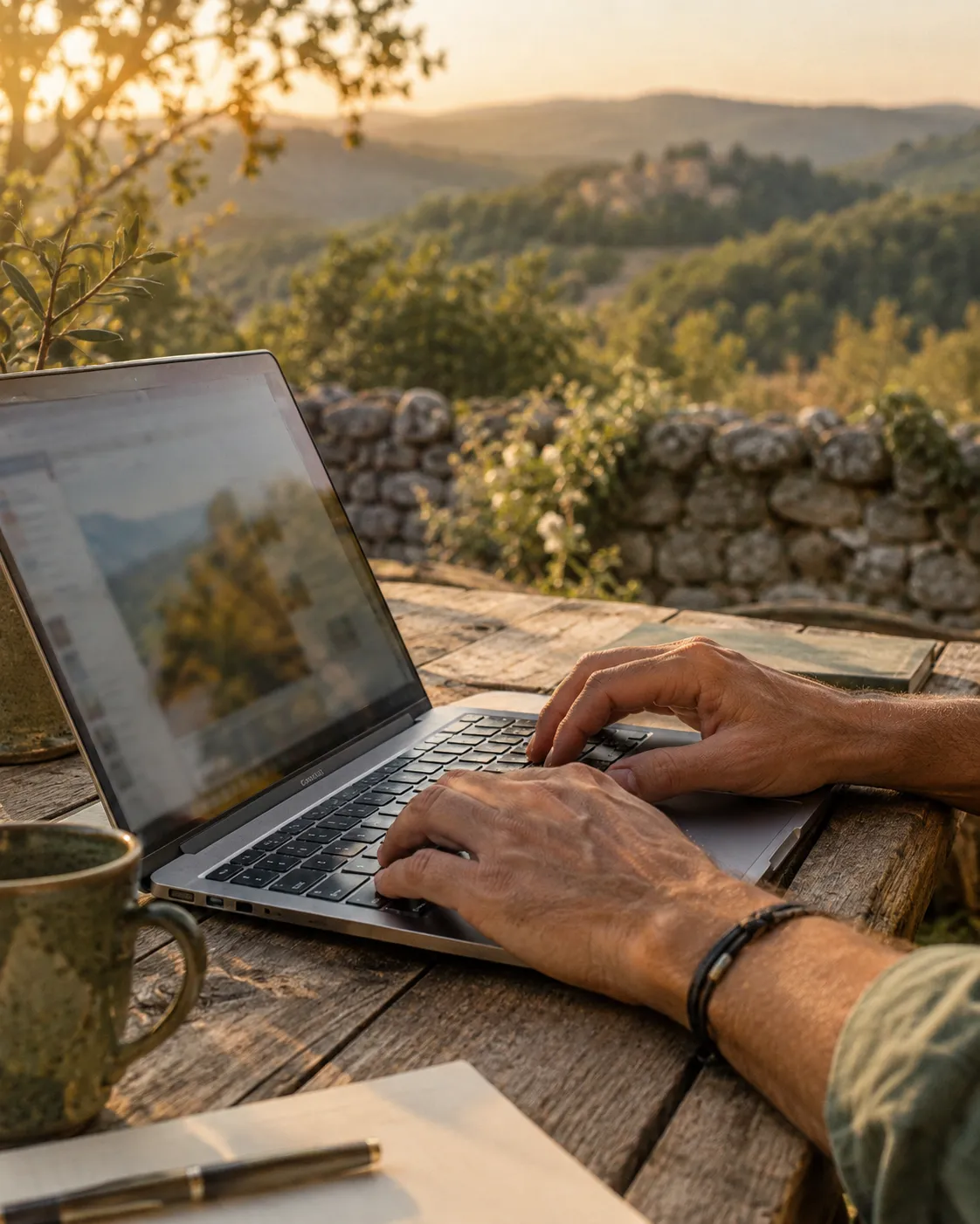 Mains tapant sur le clavier d'un ordinateur portable posé sur une table en bois, en extérieur, face aux collines boisées du Sud-Ardèche au coucher du soleil