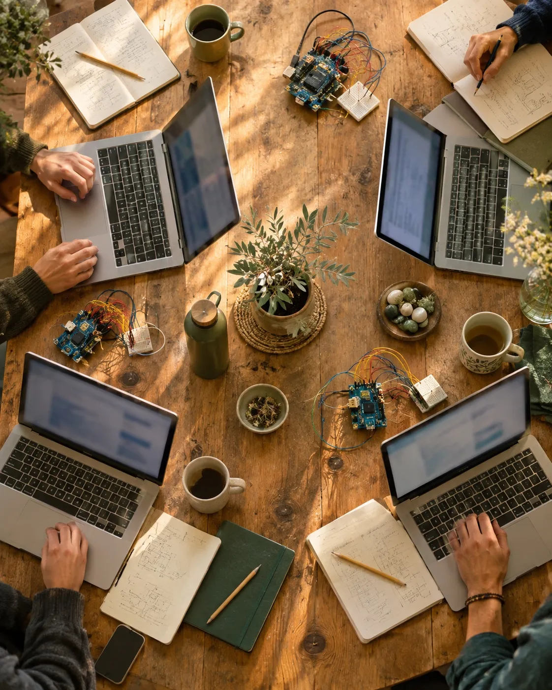 Table de travail en bois vue de dessus : plusieurs personnes, ordinateurs, carnets et cartes électroniques, dans la lumière du jour